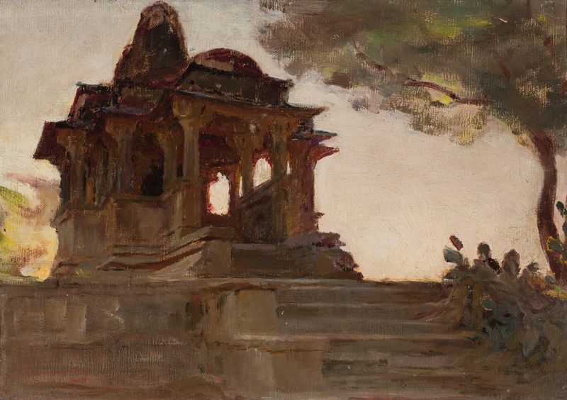 Paisaje óleo de Jan Ciągliński con atardecer y arquitectura