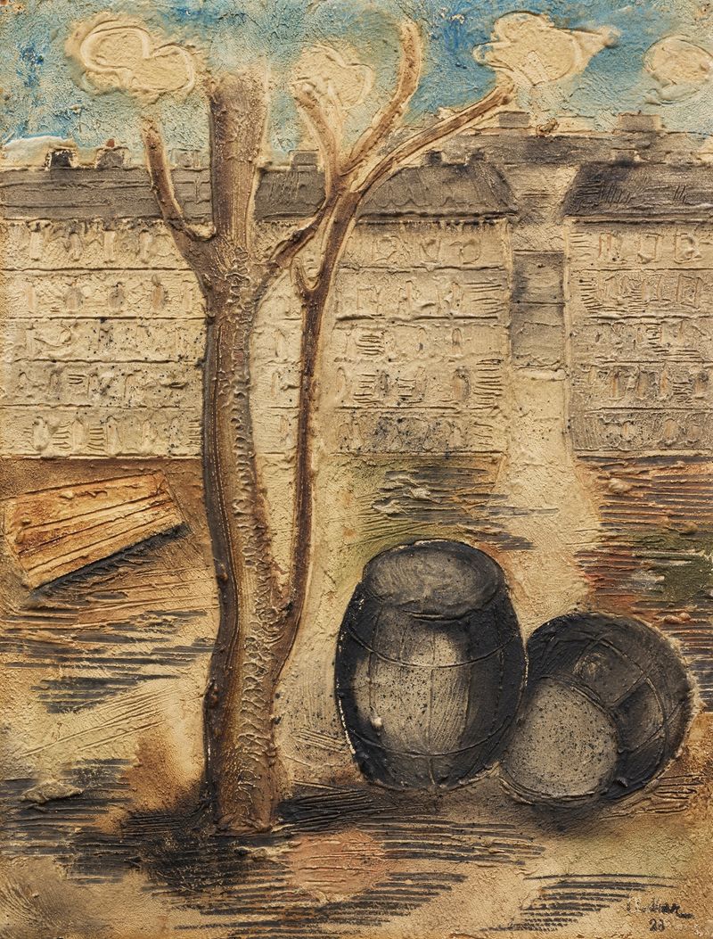Häuser in Düsseldorf de Jankel Adler, óleo sobre tela que retrata edifícios urbanos contra um céu apagado.