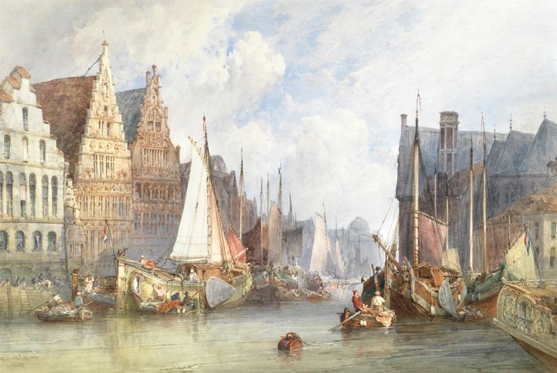 Vista de Ghent de William Callow, paisagem impressionista com reflexos no rio, 1895