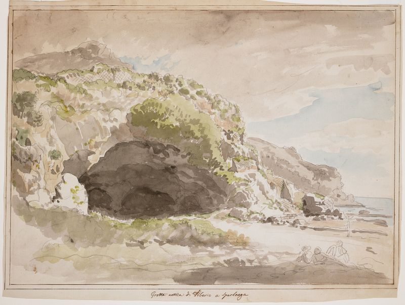 Grotto of Tiberius at Sperlonga by Carlo Labruzzi, oil painting depicting cliffs and sea.