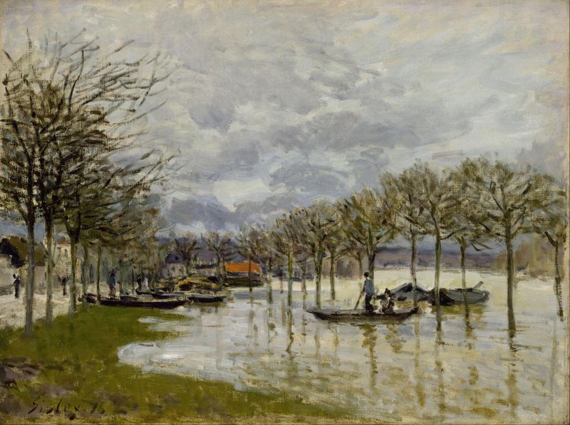 The Flood on the Road to Saint-Germain, pintura a óleo de Alfred Sisley, retratando uma serena paisagem inundada.