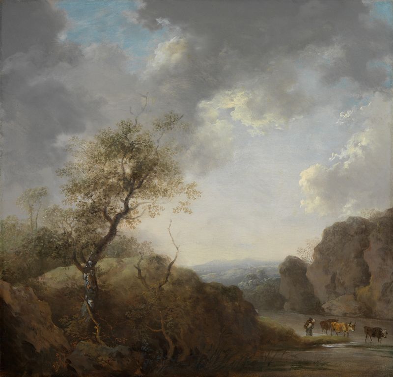 Hügellandschaft mit Flußlauf und Herde by Johann Christian Brand, oil on canvas depicting hills and a river.