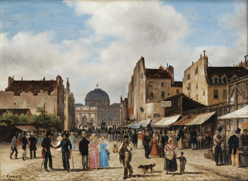 Escena de género que representa una calle de París por Giuseppe Canella, 1827