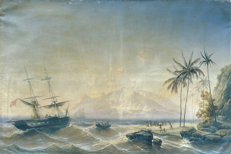 Kriegsschiff vor den Südseeinseln by Josef Carl Berthold Püttner, oil on canvas depicting a ship on a tumultuous sea.