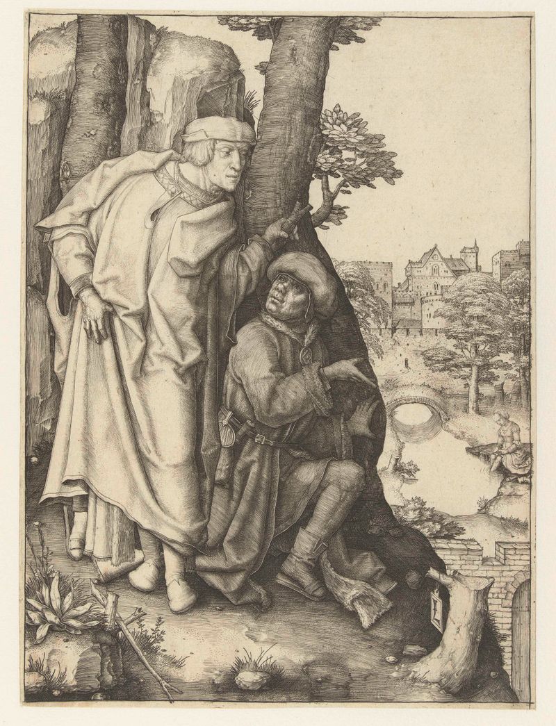 Gravura de Lucas van Leyden mostrando Susanna se banhando enquanto dois anciãos observam