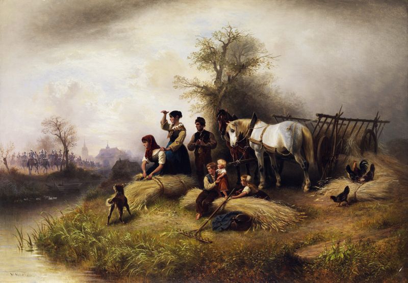 Cena de gênero de uma família colhendo em campos, óleo sobre tela de Wilhelm Alexander Meyerheim