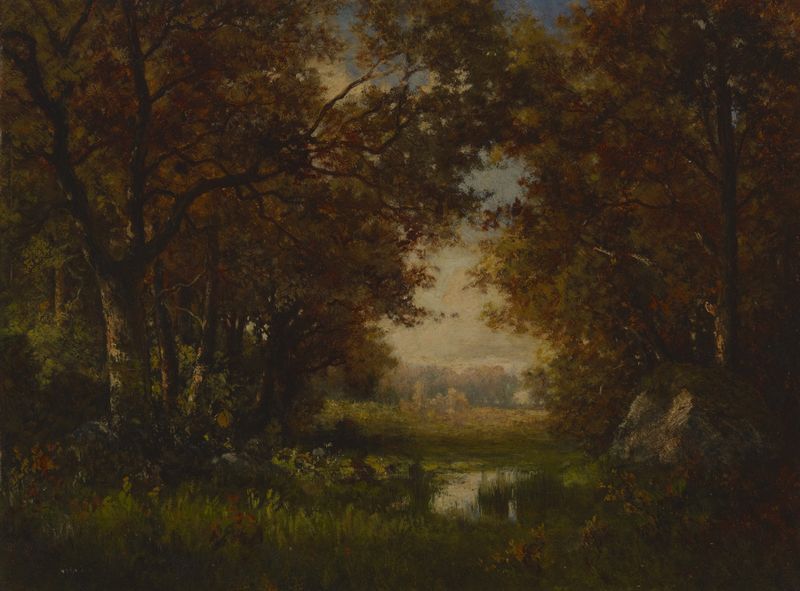 Paisagem de uma floresta com árvores e luz filtrada, pintura a óleo de Robert Crannell Minor