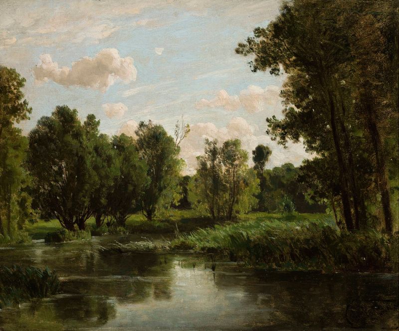 Lago en el bosque de Józef Szermentowski, pintura al óleo que muestra un lago tranquilo rodeado de vegetación exuberante.