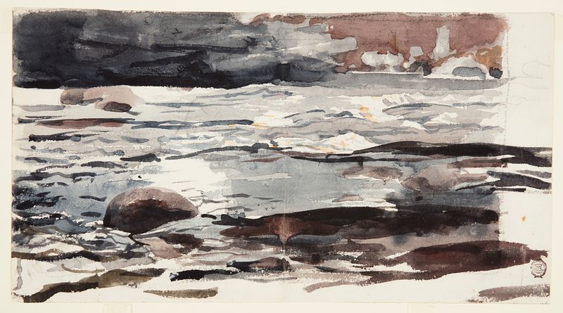 Woodland Stream de Winslow Homer, realismo, retratando um riacho fluindo sobre pedras cercadas por vegetação exuberante