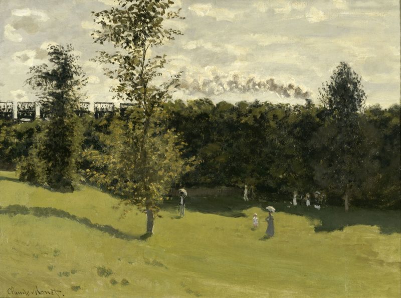 Train in the Countryside de Claude Monet, óleo de um trem em campos verdes.