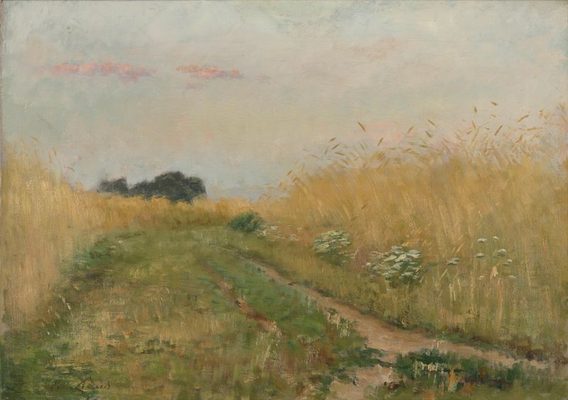 Oil painting by Emile Claus depicting a wheat field under golden light.