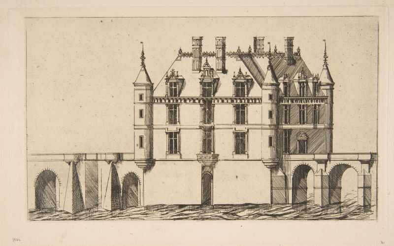 Château de Chenonceau, No 1 by Charles Meryon, etching of elegant architecture