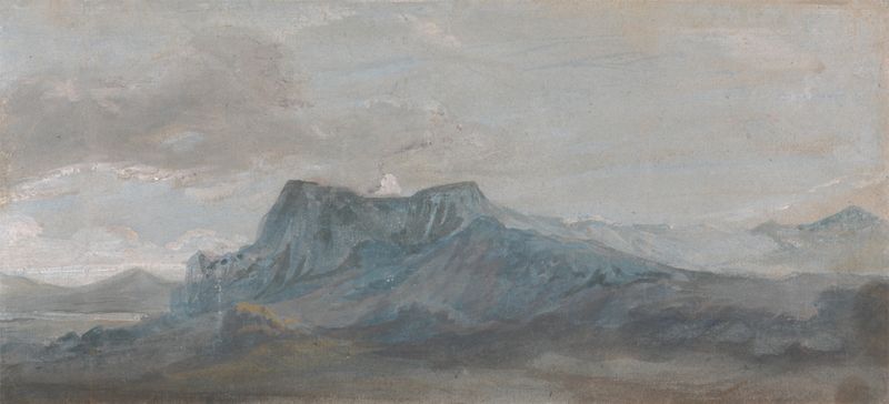 Welsh Mountain Study de Paul Sandby, retratando uma paisagem com colinas suaves e luz suave.