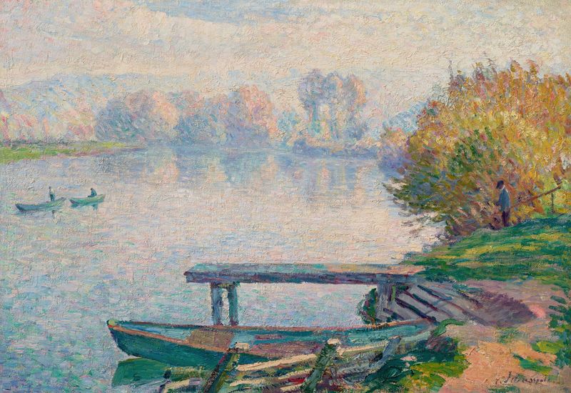 L’étang de Saint-Pierre, pêcheur et barques by Henri Lebasque, oil on canvas depicting a fisherman and boats on a lake.