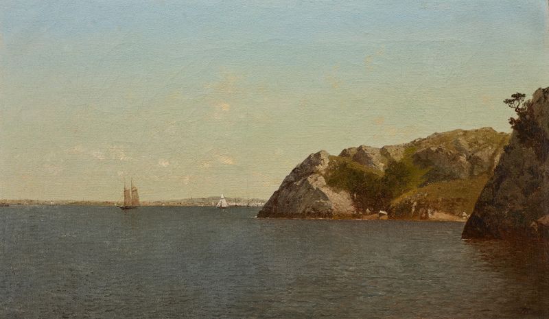 Newport, Rhode Island (Beacon Rock) pintura al óleo de John Frederick Kensett que representa un atardecer sobre el océano