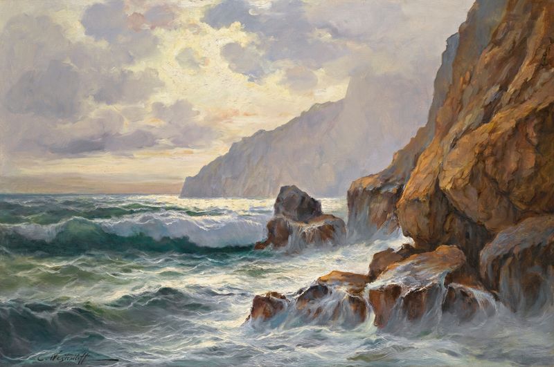 Marine scene depicting waves and sunset by Constantin Westchiloff, oil painting