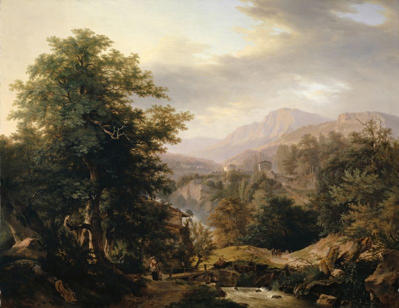 Mountainous landscape with staffage figures and stream, oil painting by Wolfgang Adam Töpffer
