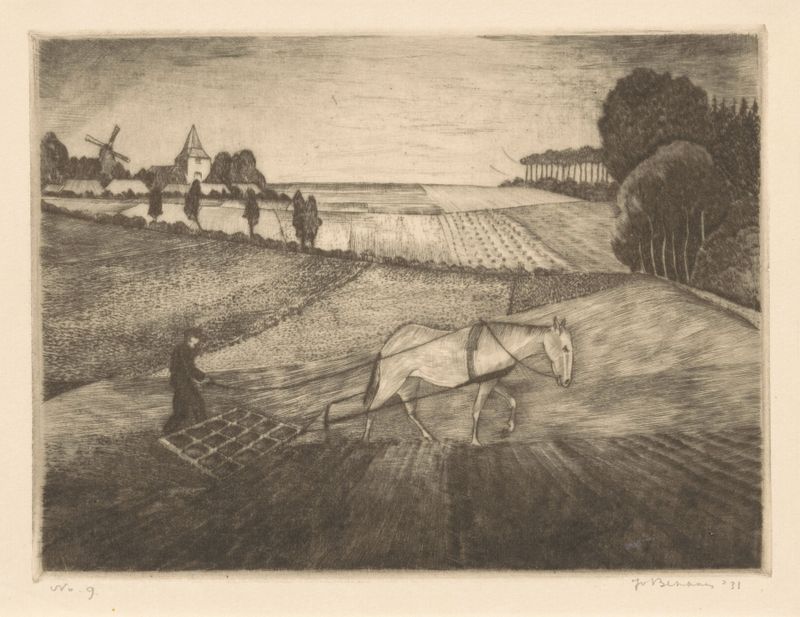 Landscape by Jo Bezaan, Post-Impressionism, featuring muted greens and earth tones
