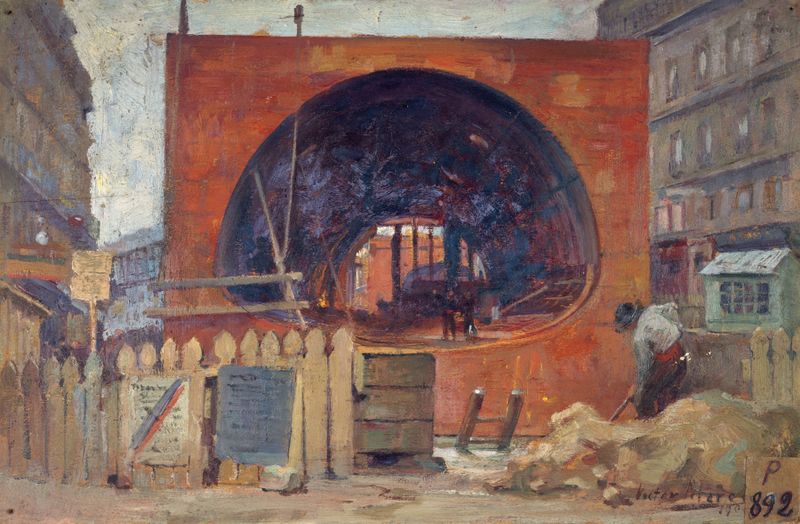 Genre scene of workers in a tunnel with lanterns, oil on canvas by Victor Marec