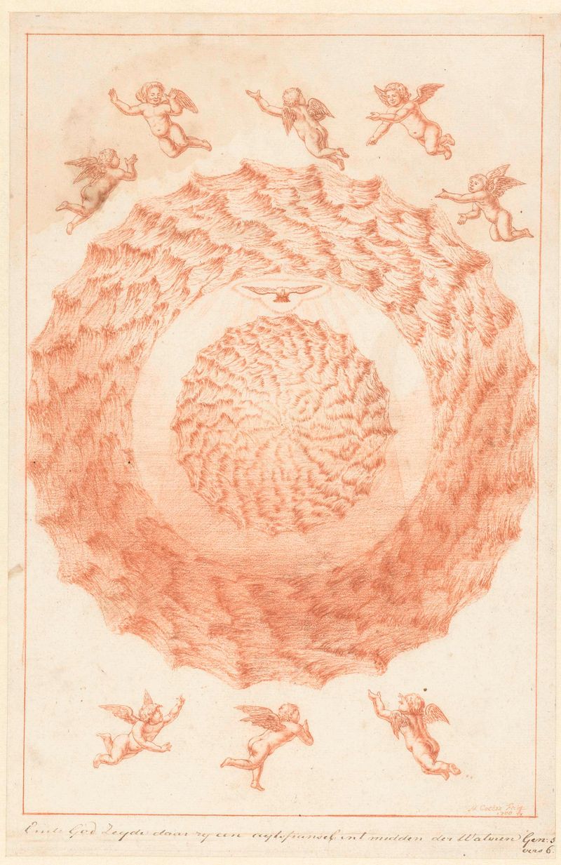 Celestial landscape with swirling clouds, by Herman Coets, paper medium