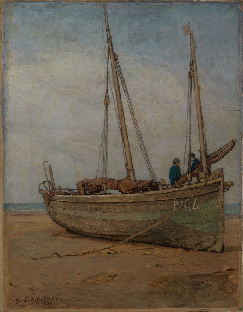 Fishing boats on a beach at low tide by Gustav Schönleber, oil painting