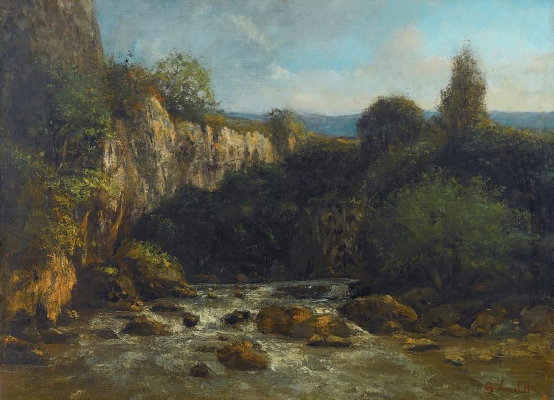 Pintura de paisaje al óleo de Gustave Courbet con un río y rocas