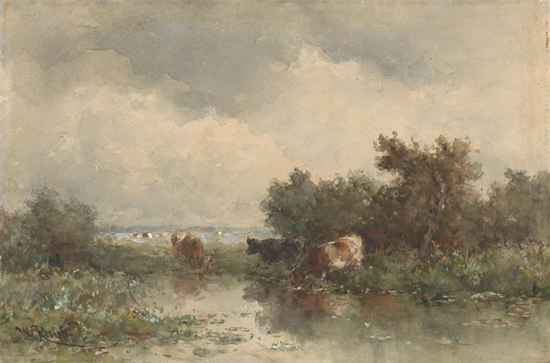 oil painting of three cows by a pool, reflecting in the water, by Willem Roelofs