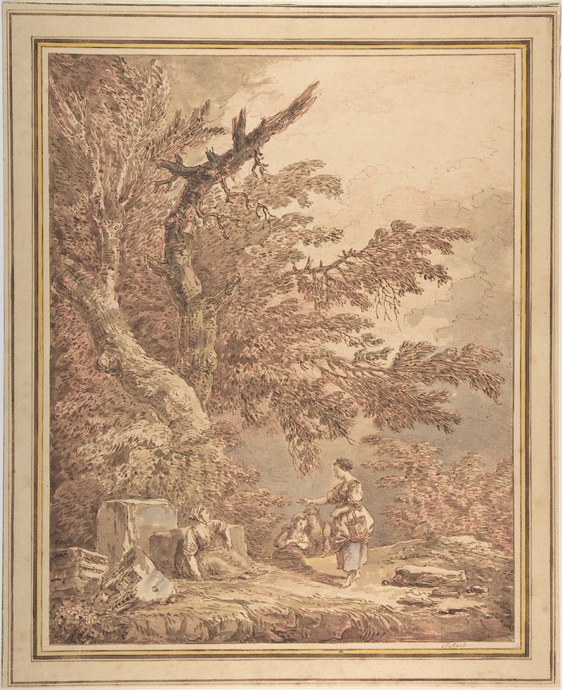 Pintura rococó de Hubert Robert con jóvenes mujeres en un paisaje con ruinas.