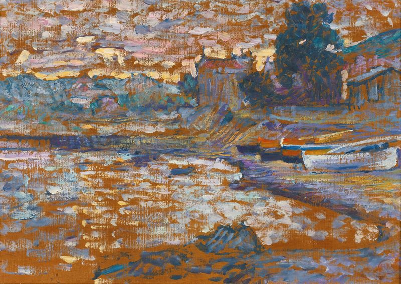Bateaux Échoués Au Lavandou de Henri-Edmond Cross, óleo de barcos encalhados em cores vibrantes.