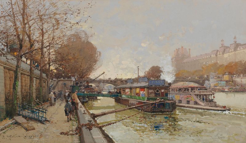 Le Quai de la Seine de Eugène Galien-Laloue, Impresionismo, representa barcos y reflejos en el agua.