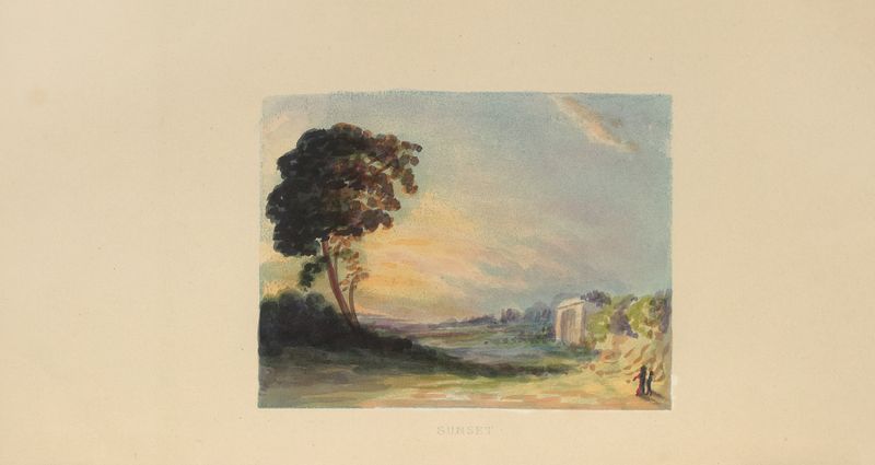 Sunset oil painting by Frank Howard, showcasing vibrant colors and light in a landscape.