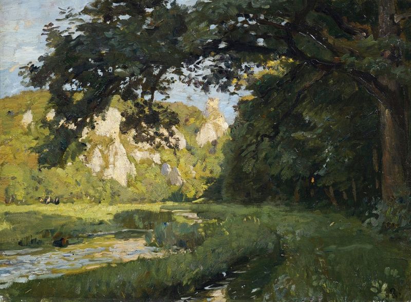 Paisagem romântica de Otto Reiniger com colinas e um riacho tranquilo