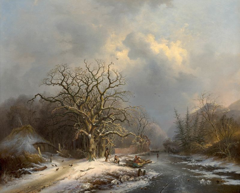 Escena de género de trabajadores con faggots sobre el hielo, óleo de Charles Van Den Eycken
