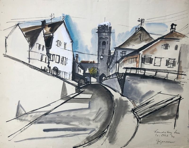 Landsberg am Lech by Otto Geigenberger, oil on canvas depicting a tranquil river landscape.