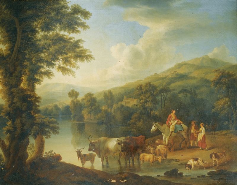 Uma paisagem florestal com uma mulher em um cavalo cinza e animais bebendo, de Jacob Philipp Hackert.