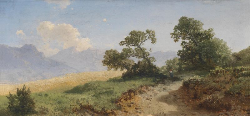 Landschaft mit figürlicher Staffage by Albert Zimmermann, oil painting depicting a serene landscape with figures.