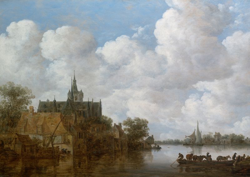 Paisaje fluvial con un ferry y una iglesia de Jan van Goyen, pintura al óleo