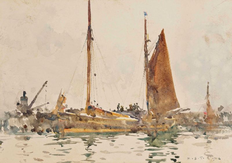 Lowestoft Fishing Boats Moored At Falmouth by Henry Scott Tuke, oil painting of moored boats in a harbor.