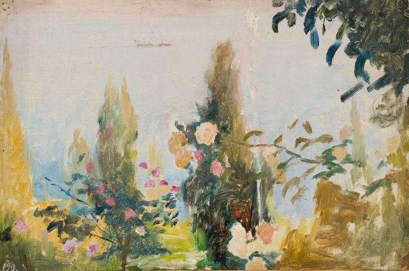Cena de jardim com flores e um caminho de Jan Ciągliński, meio desconhecido.