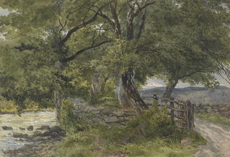 Lane by river, Bettws-Y-Coed, North Wales de John Steeple, pintura al óleo que muestra un camino serpenteante entre la veg...