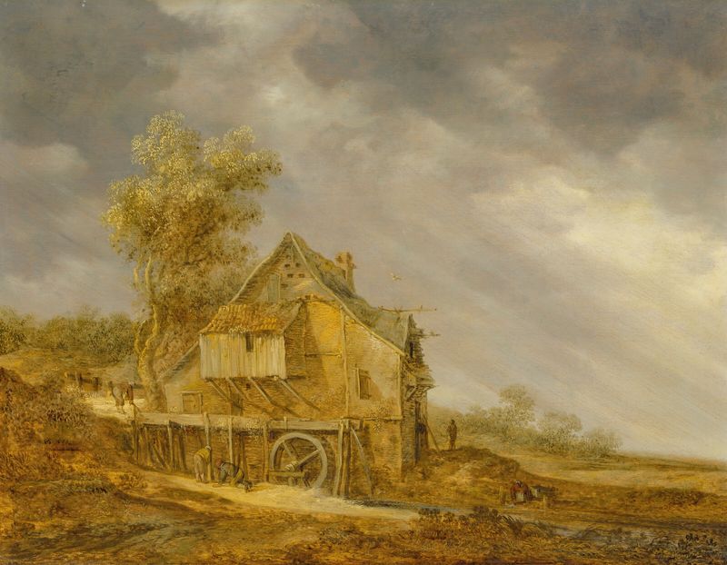 Um moinho de água com figuras em uma paisagem, óleo sobre tela de Jan van Goyen