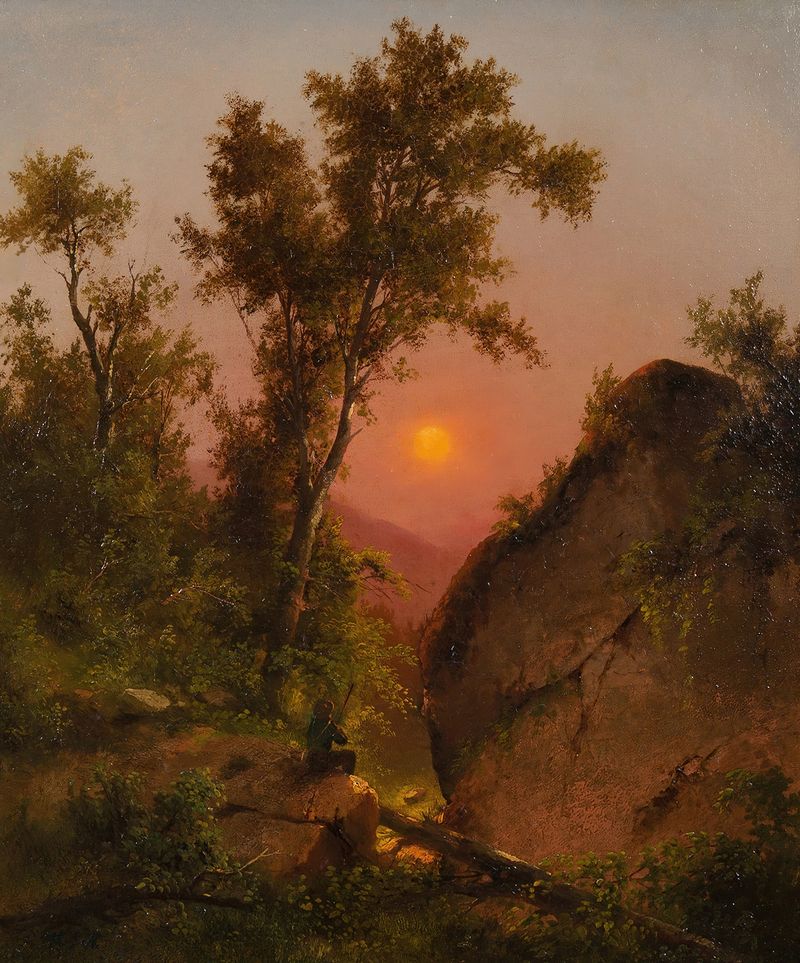 Pintura a óleo de Henry Ary que retrata um pôr do sol sobre um penhasco.