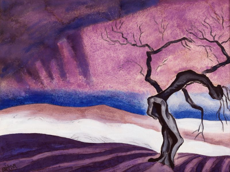 Pintura abstracta al óleo de Oscar Bluemner que muestra rojos profundos y tonos más claros.