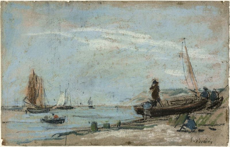 Playa con Barcos de Pesca de Eugène Boudin, óleo que muestra una escena costera con barcos de pesca.