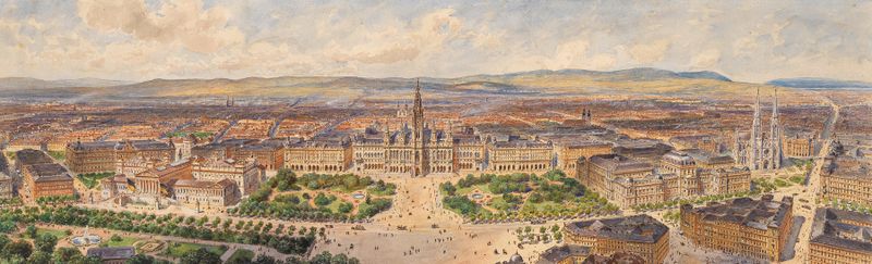 Wien vom Hof-Burgtheater by Ladislaus Eugen Petrovits, oil painting depicting the Burgtheater and Vienna's streets.