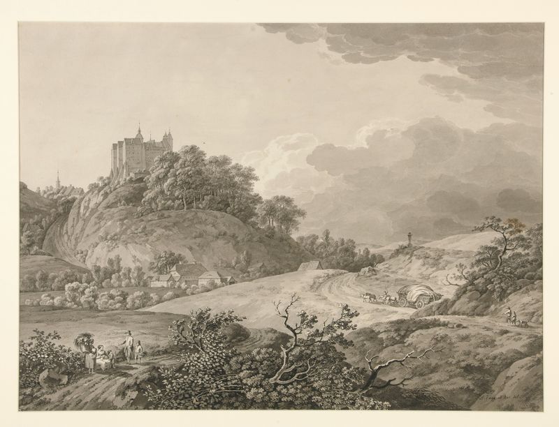 Landscape featuring Nossen Castle by Adrian Zingg, medium unknown.