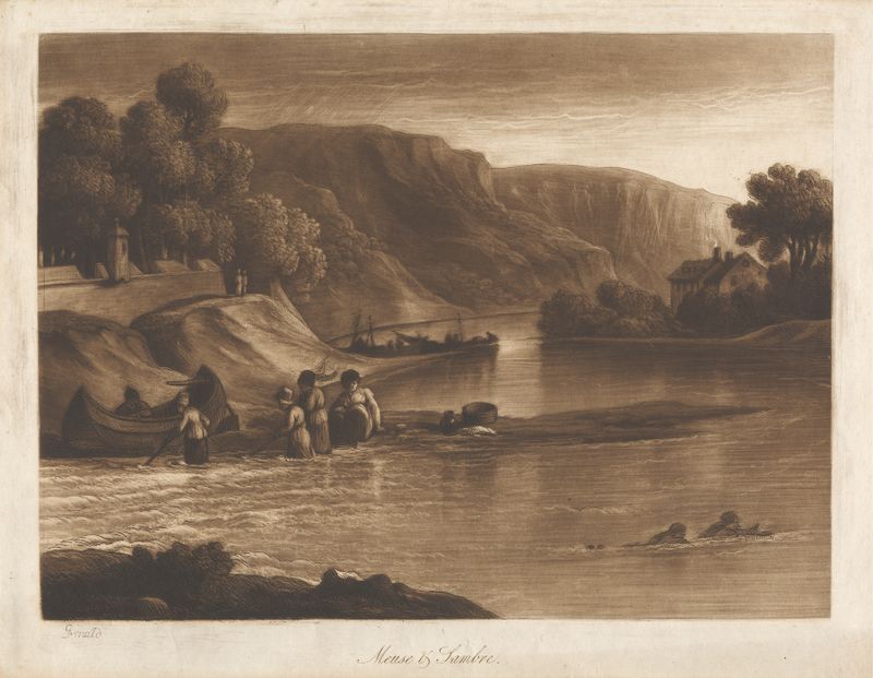 Paisaje de Meuse and Sambre de George Arnald, pintura al óleo que representa río y cielo.