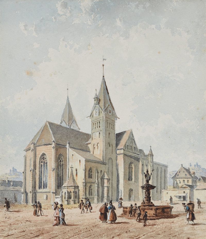 Rococo genre scene depicting a fountain and figures by Joseph Andreas Weiss