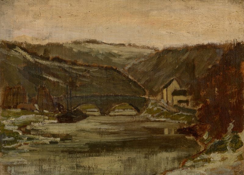 Bridge over the River Lesse, oil on canvas by Félicien Rops, depicting a tranquil river and lush greenery.