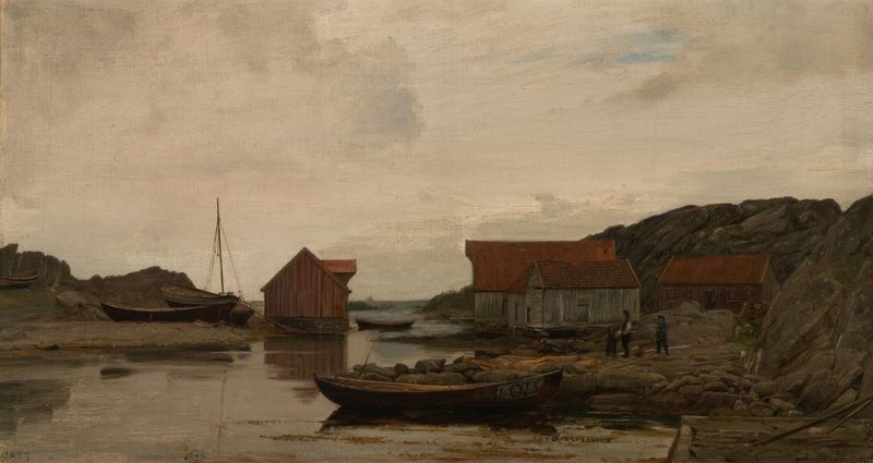Paisaje que muestra un mar tranquilo bajo cielos grises de Amaldus Nielsen, pintura al óleo